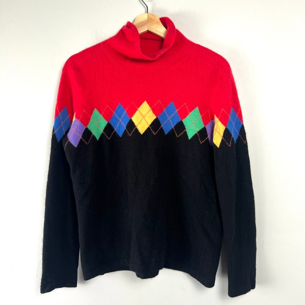 Vtg Jones NY Argyle Turtleneck Sweater M Colorblock Wool Cashmere Preppy Cozy